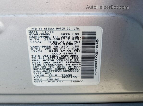 JN8AT2MVXHW255202 2017 NISSAN ROGUE Silver VIN კოდის სტიკერის ხედი