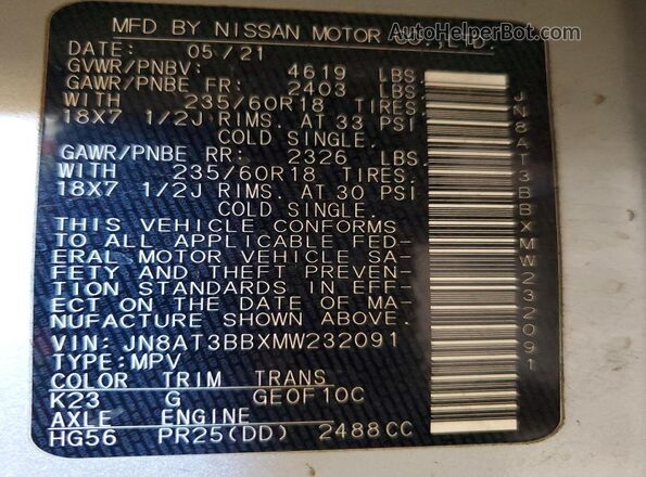 JN8AT3BBXMW232091 2021 NISSAN ROGUE Silver Vista del compartimento del motor