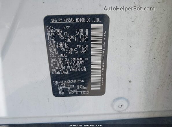 JN8AY2DB6N9810776 2022 NISSAN ARMADA Белый Вид подкапотного пространства