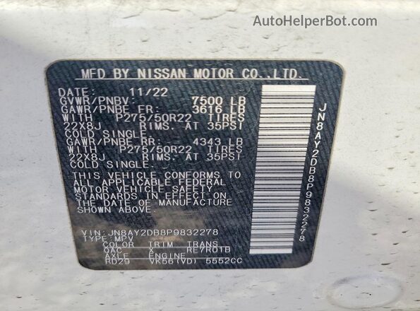 JN8AY2DB8P9832278 2023 NISSAN ARMADA White VIN կոդի պիտակի տեսք