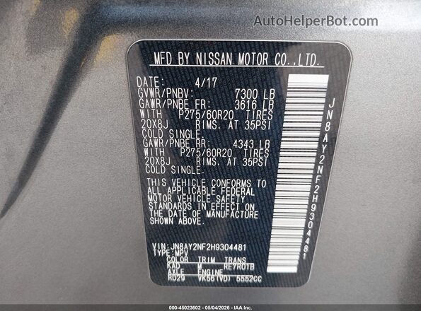 JN8AY2NF2H9304481 2017 NISSAN ARMADA Gray Շարժիչի բաժամունքի տեսք