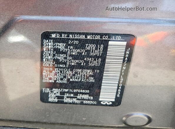 JN8AZ2NF1L9704635 2020 INFINITI QX80 Gray Widok naklejki z numerem VIN