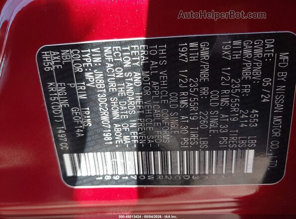 JN8BT3DC2RW071981 2024 NISSAN ROGUE Red Vista del compartimento del motor