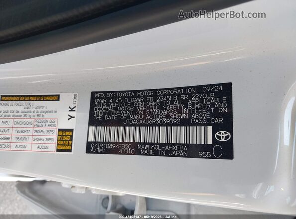 JTDACAAU6R3039092 2024 TOYOTA PRIUS White Вид підкапотного простору