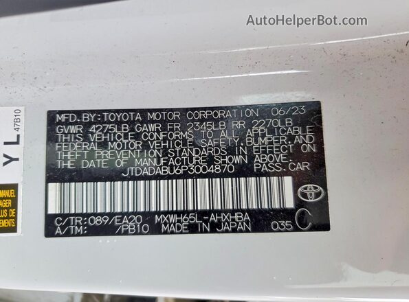 JTDADABU6P3004870 2023 TOYOTA PRIUS White Widok naklejki z numerem VIN