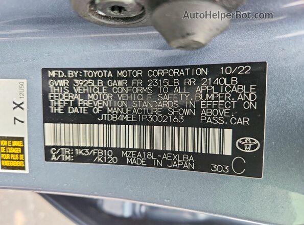 JTDB4MEE1P3002163 2023 TOYOTA COROLLA Синий Вид наклейки с VIN-кодом