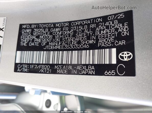 JTDB4MEE3S3032046 2025 TOYOTA COROLLA Silver ძრავის განყოფილების ხედი