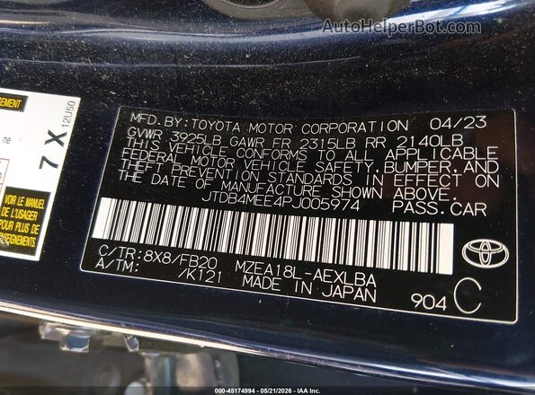 JTDB4MEE4PJ005974 2023 TOYOTA COROLLA Синий Вид подкапотного пространства