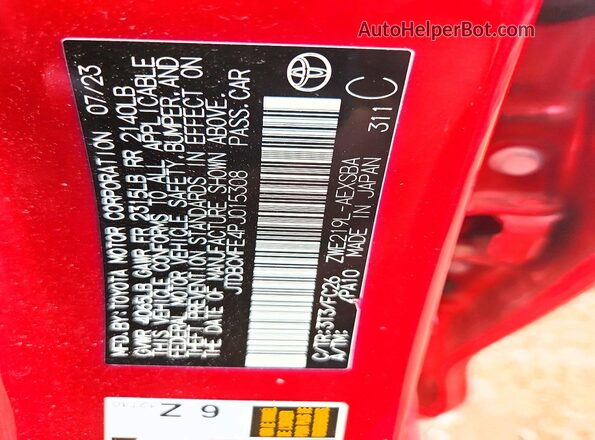 JTDBCMFE4PJ015308 2023 TOYOTA COROLLA Red Widok naklejki z numerem VIN