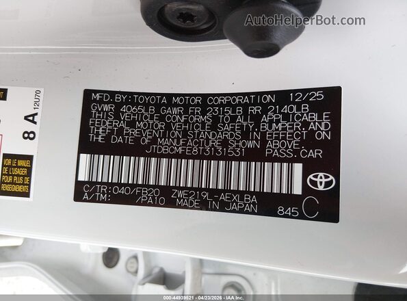 JTDBCMFE8T3131531 2026 TOYOTA COROLLA HYBRID White ძრავის განყოფილების ხედი