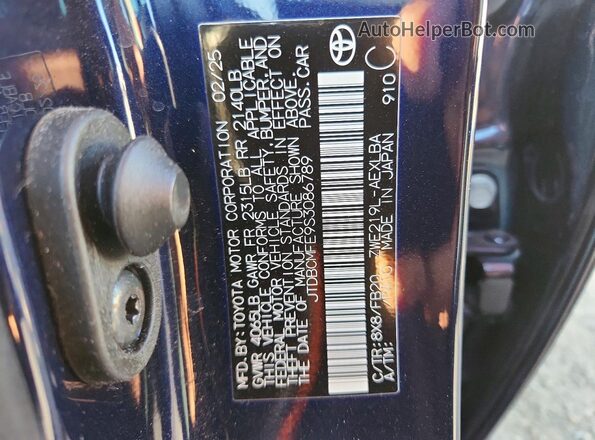JTDBCMFE9S3086789 2025 TOYOTA COROLLA Синий Вид наклейки с VIN-кодом