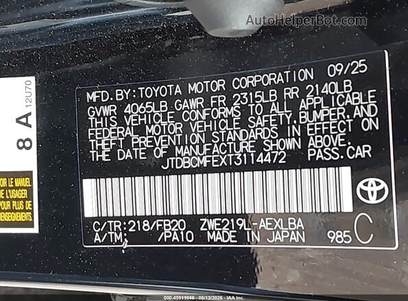 JTDBCMFEXT3114472 2026 TOYOTA LL Black Շարժիչի բաժամունքի տեսք