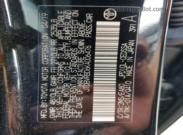 JTDBVRBD6KA006476 2019 TOYOTA MIRAI Black VIN կոդի պիտակի տեսք