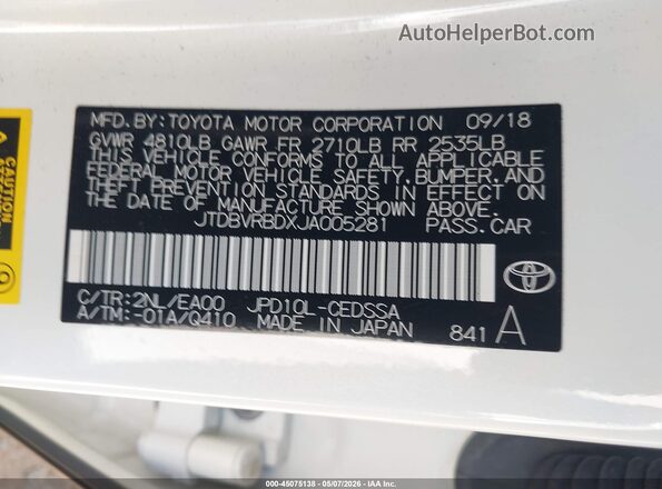 JTDBVRBDXJA005281 2018 TOYOTA MIRAI White Вид підкапотного простору