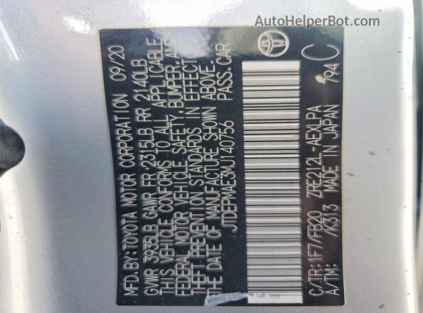 JTDEPMAE3MJ140756 2021 TOYOTA COROLLA Silver Widok naklejki z numerem VIN