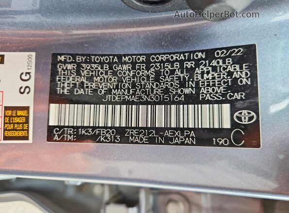 JTDEPMAE3N3015164 2022 TOYOTA COROLLA Blue Widok naklejki z numerem VIN