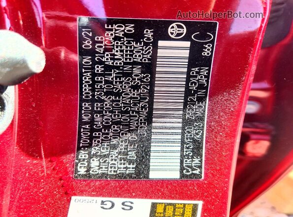 JTDEPMAE3NJ192163 2022 TOYOTA COROLLA Красный Вид наклейки с VIN-кодом