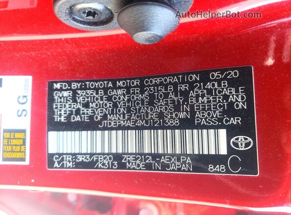 JTDEPMAE4MJ121388 2021 TOYOTA LL Красный Вид подкапотного пространства