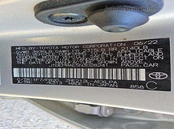 JTDEPMAE5N3028241 2022 TOYOTA COROLLA Серебряный Вид наклейки с VIN-кодом