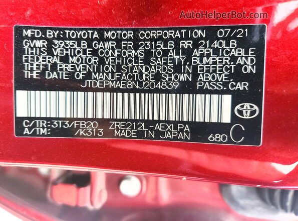 JTDEPMAE8NJ204839 2022 TOYOTA COROLLA Red Engine compartment view