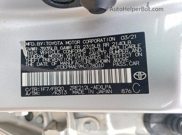 JTDEPMAE9MJ178010 2021 TOYOTA COROLLA Серебряный Вид подкапотного пространства