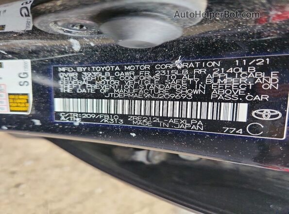 JTDEPMAE9NJ209693 2022 TOYOTA COROLLA Black VIN კოდის სტიკერის ხედი
