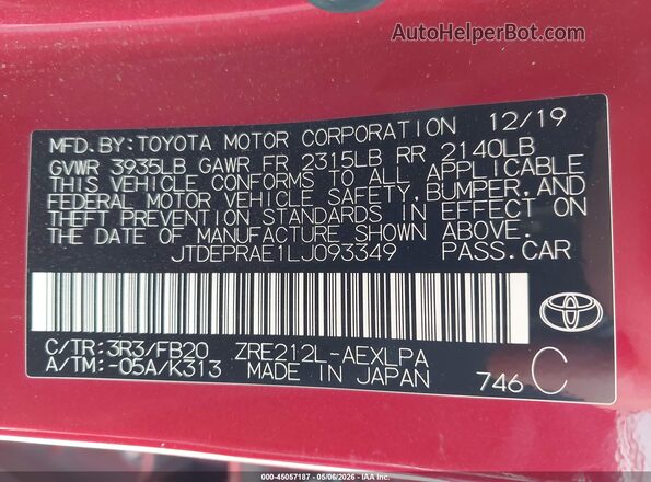 JTDEPRAE1LJ093349 2020 TOYOTA LL Красный Вид подкапотного пространства