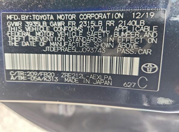 JTDEPRAE5LJ093743 2020 TOYOTA COROLLA Черный Вид подкапотного пространства