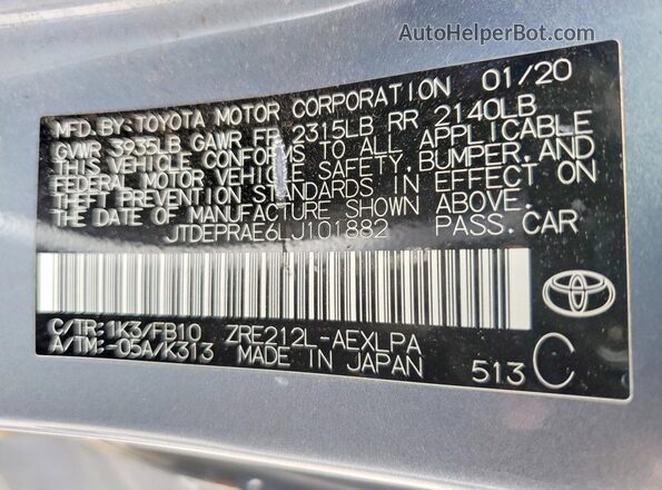 JTDEPRAE6LJ101882 2020 TOYOTA COROLLA Синий Вид наклейки с VIN-кодом