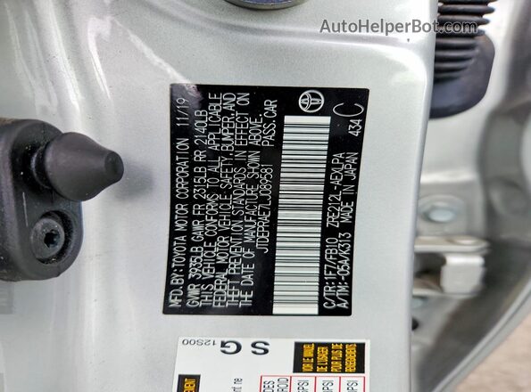 JTDEPRAE7LJ089581 2020 TOYOTA COROLLA Silver Вид наклейки з VIN-кодом
