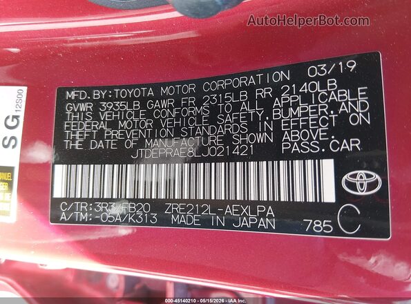 JTDEPRAE8LJ021421 2020 TOYOTA COROLLA Красный Вид подкапотного пространства