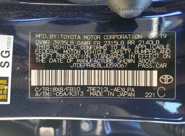 JTDEPRAE8LJ059067 2020 TOYOTA COROLLA Blue VIN կոդի պիտակի տեսք