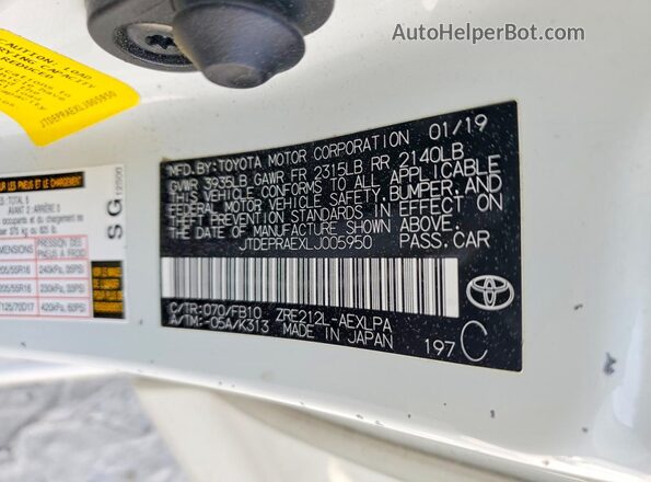 JTDEPRAEXLJ005950 2020 TOYOTA COROLLA White Vista de la etiqueta del VIN