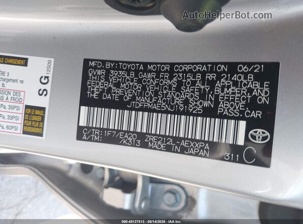 JTDFPMAE5NJ191925 2022 TOYOTA LL Silver Vista del compartimento del motor