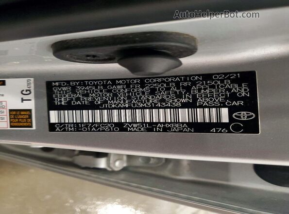 JTDKAMFU3M3143438 2021 TOYOTA PRIUS Silver Widok naklejki z numerem VIN