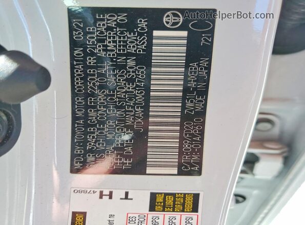 JTDKAMFUXM3147650 2021 TOYOTA LE Белый Вид подкапотного пространства