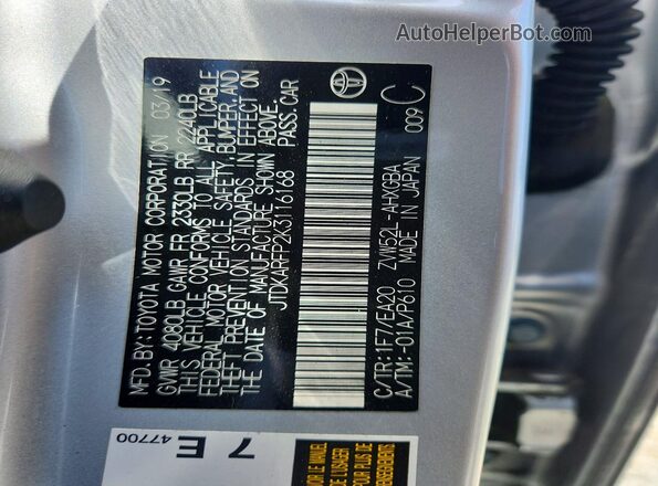 JTDKARFP2K3116168 2019 TOYOTA PRIUS Серебряный Вид наклейки с VIN-кодом