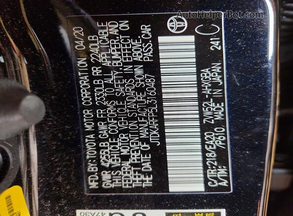 JTDKARFP5L3160487 2020 TOYOTA PRIUS Черный Вид наклейки с VIN-кодом