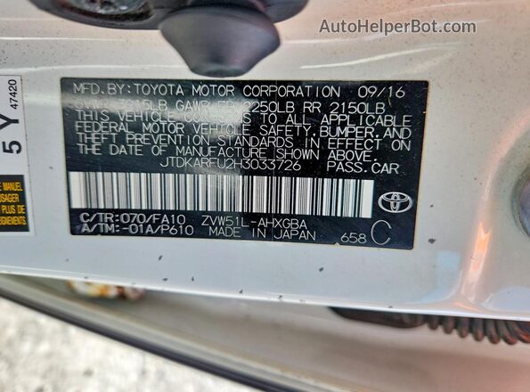 JTDKARFU2H3033726 2017 TOYOTA PRIUS White Engine compartment view