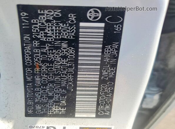 JTDKARFUXL3110089 2020 TOYOTA PRIUS White Vista de la etiqueta del VIN