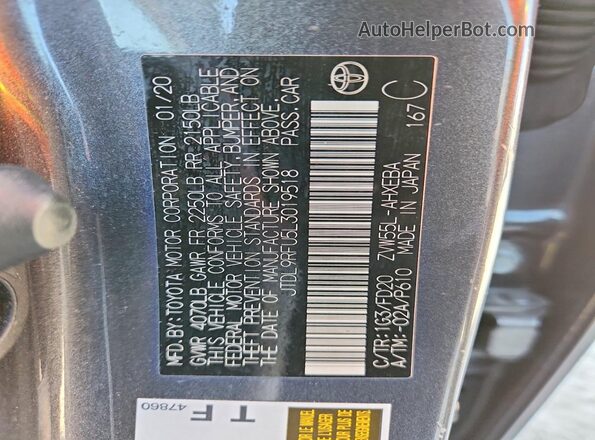 JTDL9RFU5L3019518 2020 TOYOTA LE Серый Вид наклейки с VIN-кодом