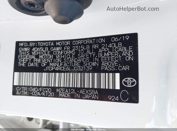 JTDP4RCE6LJ032139 2020 TOYOTA COROLLA White ძრავის განყოფილების ხედი