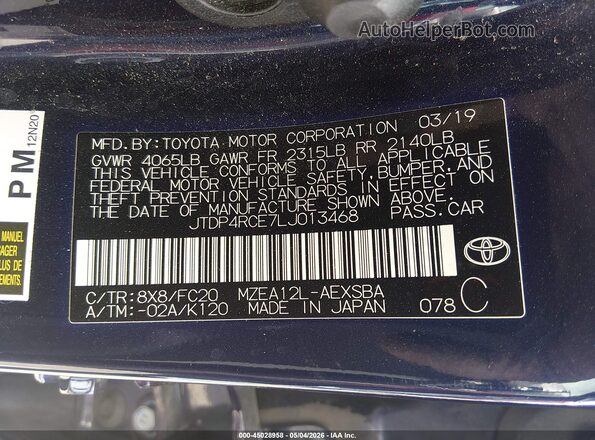 JTDP4RCE7LJ013468 2020 TOYOTA LL Blue ძრავის განყოფილების ხედი