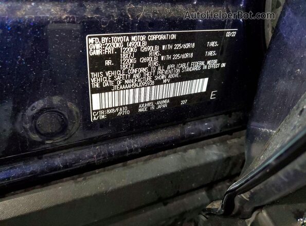 JTEAAAAH5NJ095938 2022 TOYOTA VENZA Blue Vista de la etiqueta del VIN