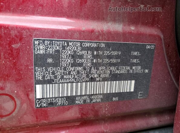 JTEAAAAH9NJ102499 2022 TOYOTA VENZA Red Widok wnętrza 360 stopni