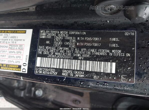 JTEBU5JR2G5326916 2016 TOYOTA 4RUNNER Black Вид підкапотного простору