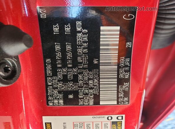 JTEEU5JR0M5241310 2021 TOYOTA 4RUNNER Красный Вид наклейки с VIN-кодом