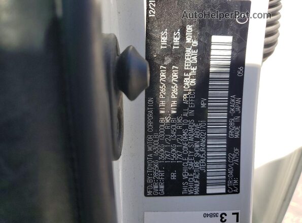 JTERU5JR4N6021701 2022 TOYOTA 4RUNNER Белый Вид наклейки с VIN-кодом