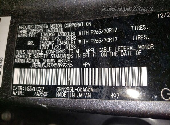 JTERU5JR7M5899255 2021 TOYOTA 4RUNNER Gray Вид наклейки з VIN-кодом