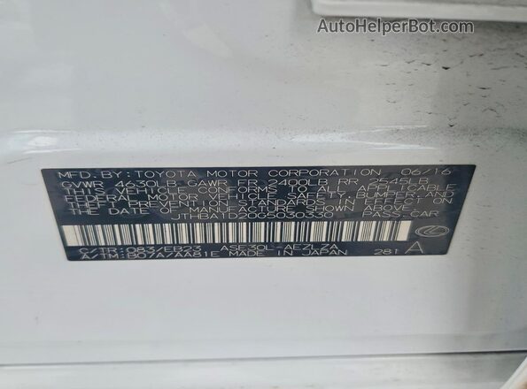 JTHBA1D20G5030330 2016 LEXUS IS Белый Вид наклейки с VIN-кодом